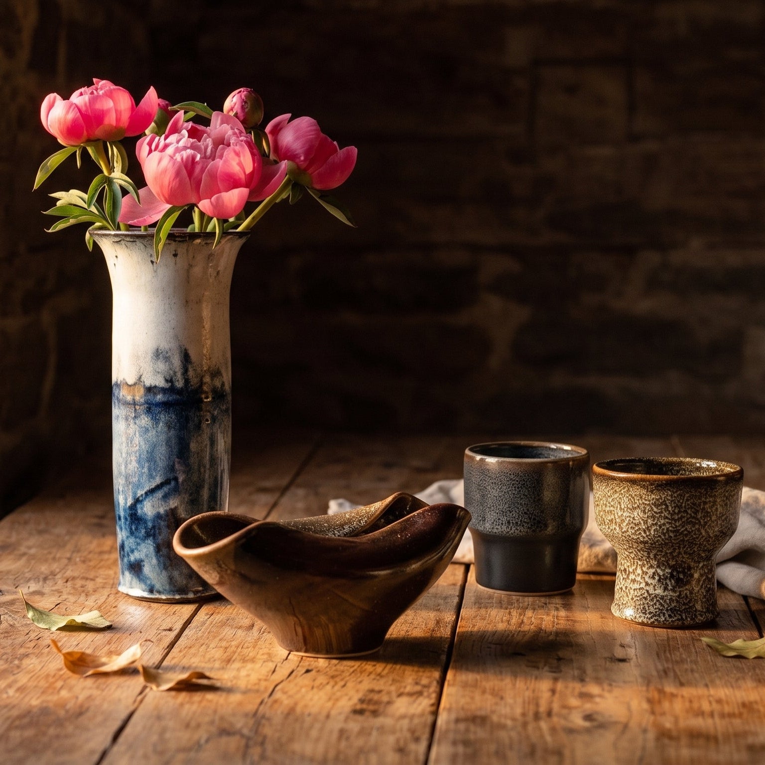 Handmade ceramic vase and cups