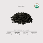 Earl Grey tea leaves with USDA Organic label and caffeine range information on a light gray background