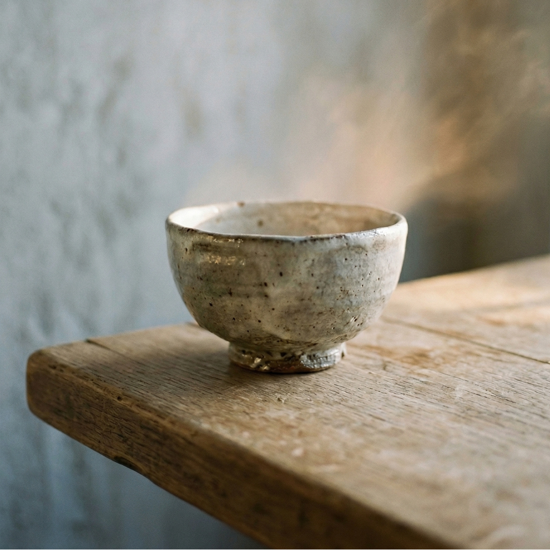 Ceramic bowl on a wooden surface with a blurred background