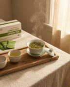 Steaming green tea in a bowl on a wooden tray with a box of Long Jing Green Tea in the background. - Wu Wei Living
